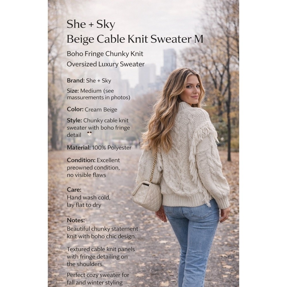 She + Sky‎ Chunky Cable Knit Fringe Sweater M IVORY Boho Oversized